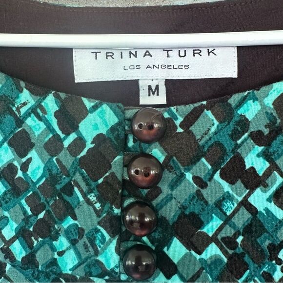 Trina Turk Long Sleeve Shift Dress Women’s Medium Geometric Teal Blue Turquoise - Picture 5 of 9